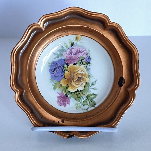 ALBERT GILLES Roses Ceramic Plate With Solid Copper Hanging Plate Rim Canada - Picture 2 of 7
